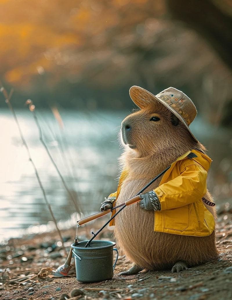 Capybara cute câu cá