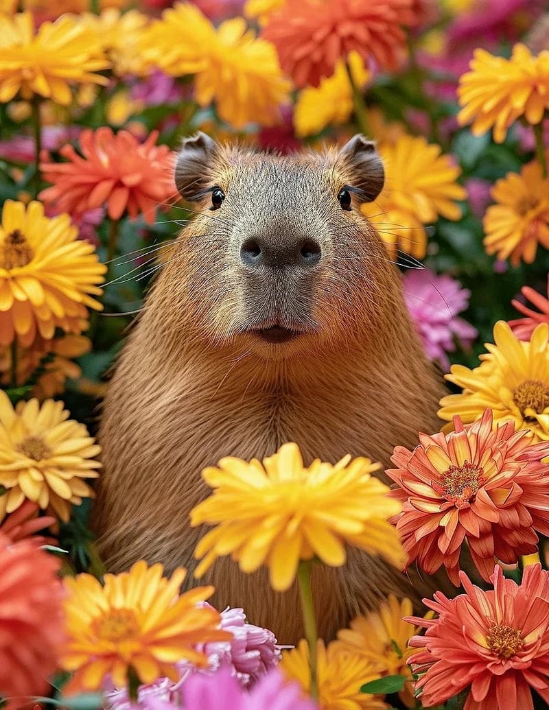 Hình nền capybara ngắm hoa