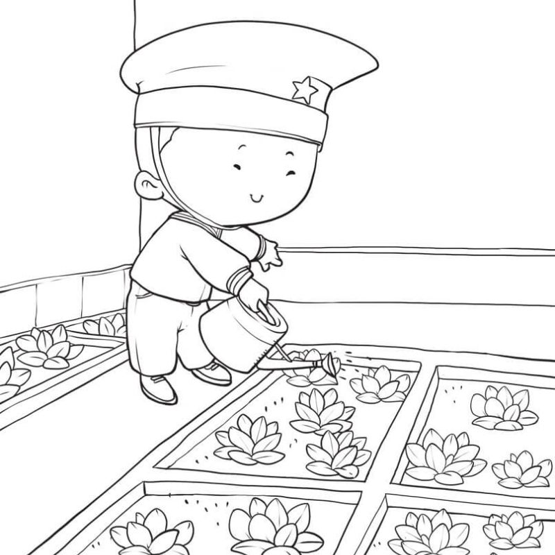 tranh tô màu chú bộ đội dễ thương