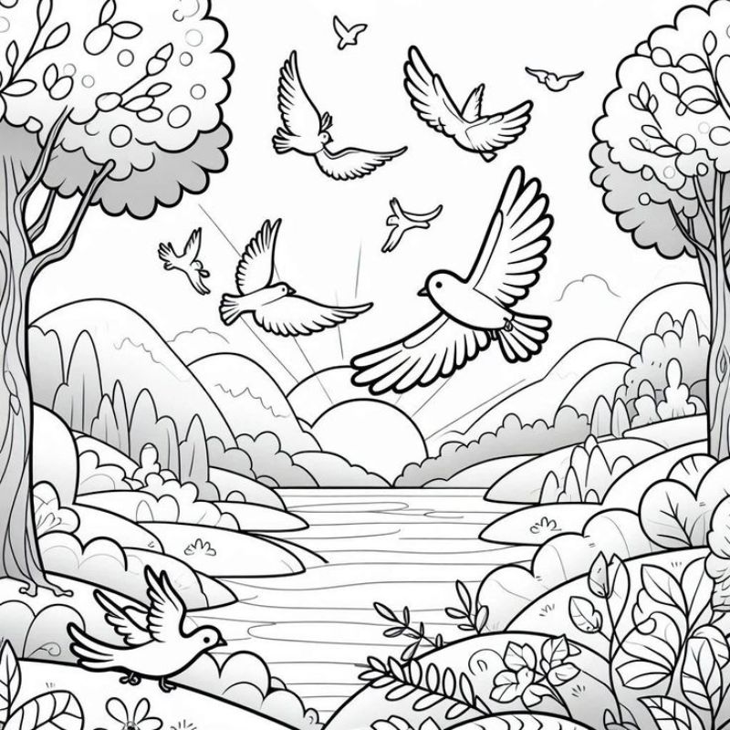 tranh tô màu phong cảnh chim bay