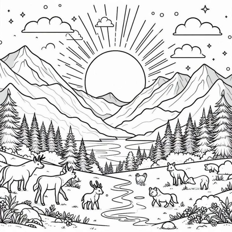 tranh tô màu phong cảnh mặt trời